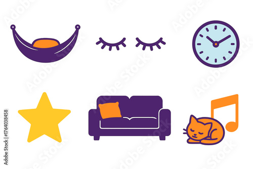 Nap flat icons: hammock, closed eyes, soft cushion, clock, cat sleeping, star, sofa, lullaby note.