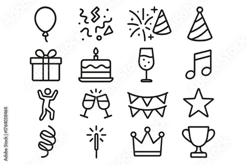 Celebration outline icon set: balloon, confetti, fireworks, party hat, gift box, cake, champagne glass, music note, dancing figure, clinking glasses, bunting flags, star, ribbon,