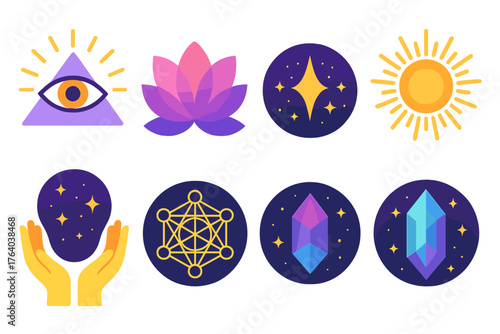 Spiritual Insight flat icons: third eye, lotus flower, radiant sun, sacred geometry, glowing aura, open hands, starry sky, crystal prism.