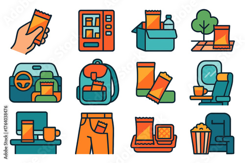 Snack On-the-Go flat icons: snack in hand, travel snack box, vending machine snack, school lunch snack, car snack pack, backpack with snack, picnic snack, office desk snack, snack