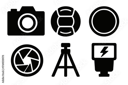 Photography filter silhouette set: camera, lens cap, polarizing filter, shutter, tripod, flash.
