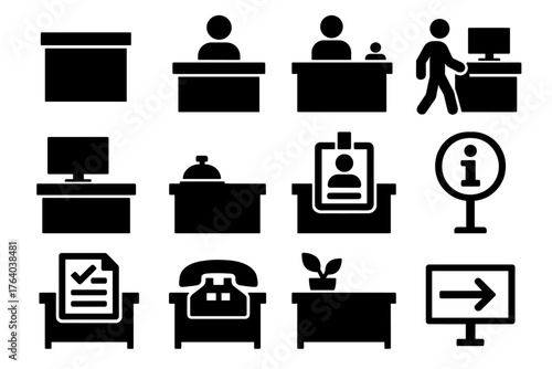 Welcome Desk Basics silhouette set: reception counter, person behind desk, visitor approaching desk, desk with computer, desk with bell, ID badge on desk, sign-in sheet, desk with