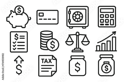 Financial responsibility outline icon set: piggy bank, credit card, safe vault, calculator, budget sheet, coin stack, dollar sign, balance scales, bar chart, income arrow, tax