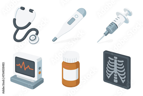 Medical devices set icons in modern isometric flat vector style: stethoscope, thermometer, syringe, heart monitor, pill bottle, x-ray.