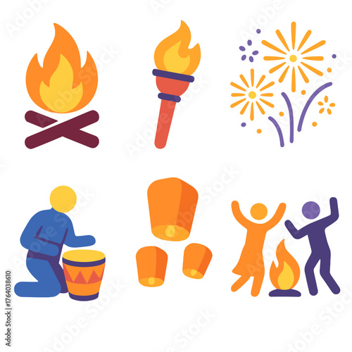 Fire Festivals flat icons: bonfire, torch, fireworks, drum circle, lanterns, dancing figures. , , High resolution, sharp vector-like appearance, ideal for UI and web design.
