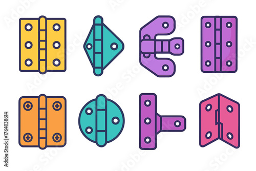 Hinge basics flat icons: door hinge, gate hinge, cabinet hinge, piano hinge, screw-on hinge, round pin hinge, bracket hinge, folded hinge.