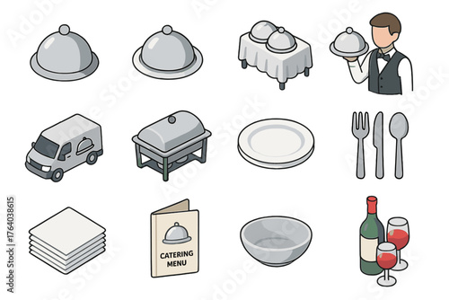 Catering Basics set icons in modern isometric flat vector style: serving tray, covered dish, buffet table, waiter with tray, catering van, chafing dish, disposable plate, cutlery