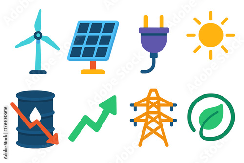 Renewable Transition flat icons: wind turbine, solar cell, charging plug, declining oil barrel, power grid, green arrow, eco symbol, sun rays. , , High resolution, sharp