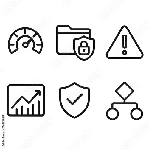 Risk Management outline icon set: risk meter, secure folder, warning icon, analytical chart, protection badge, decision flow. , , High resolution, sharp vector-like appearance,