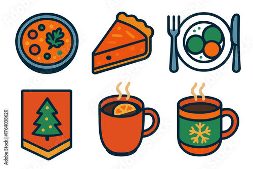 Winter Holidays Festive Meals flat icons: hearty stew, pie slice, dinner plate, cutlery set, festive napkin, warm drink. , , High resolution, sharp vector-like appearance, ideal