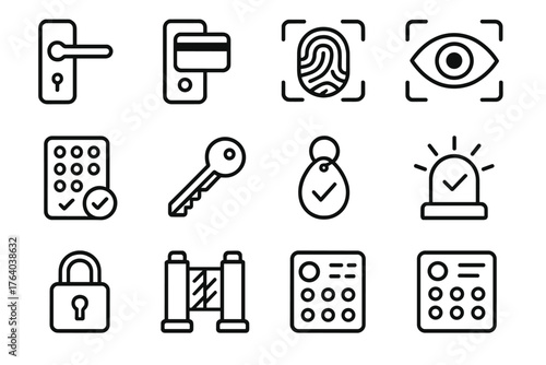 Secure Entry outline icon set: door lock, card reader, biometric sensor, retina scan, keypad, key, access tag, checkmark, light indicator, padlock, security gate, control panel. ,