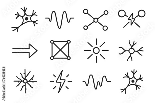 Neural Communication outline icon set: neuron, brainwave, connection dots, pulse, glowing link, signal arrow, network grid, light burst, electric current, brain cell, spark, wave