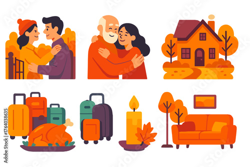 Thanksgiving Family Arrival flat icons: front gate, hugs and smiles, packed bags, rustic house, roasted turkey, candlelight, autumn path, living room sofa. , , High resolution,
