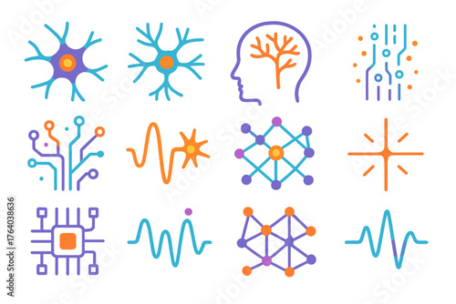 Neural Connections flat icons: neuron cluster, branching axons, glowing node, brain outline, data stream, circuit pattern, wave line, spark, network grid, light beam, memory cell,