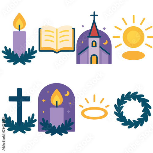 Advent Spiritual Time flat icons: holy candlelight, open prayer book, church steeple, shining halo, evening sky, faith symbol, wreath of evergreens, sacred calm. , , High