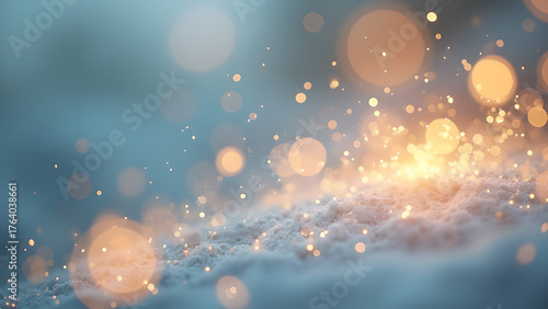 Dreamy backdrop featuring shimmering light orbs against an ethereal soft blue and white textured