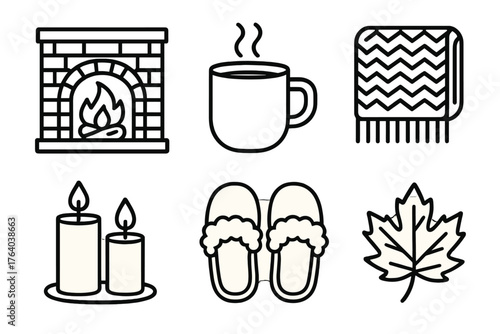 Thanksgiving Warmth outline icon set: crackling fireplace, steaming mug, knitted blanket, glowing candles, cozy slippers, autumn leaves. , , High resolution, sharp vector-like