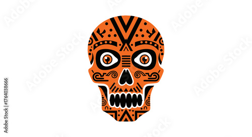 Striking orange skull art for Day of the Dead celebrations or edgy Halloween designs, offering a unique cultural flair with its bold tribal patterns
