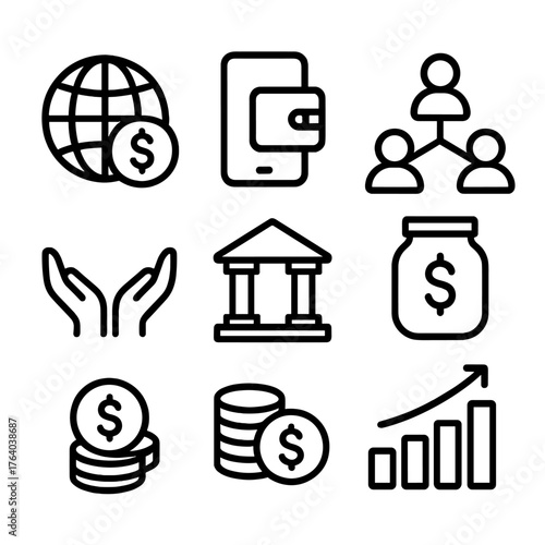 Financial Inclusion outline icon set: globe with currency, wallet app, connected people, savings jar, coin pile, bank icon, helping hands, bar chart. , , High resolution, sharp