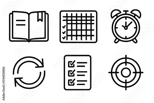 Routine Building outline icon set: open notebook, habit tracker, alarm clock, repeating arrows, checklist, focus icon. , , High resolution, sharp vector-like appearance, ideal for
