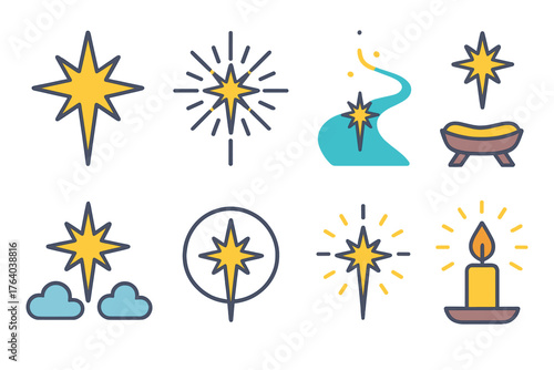Christmas Star Symbolism flat icons: Bethlehem star, radiant beams, manger outline, guiding light path, night sky with clouds, halo symbol, small candle, glowing aura. , , High