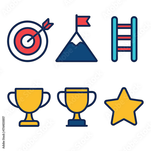 Goal pursuit flat icons: target, arrow, flag on peak, ladder, trophy, star.