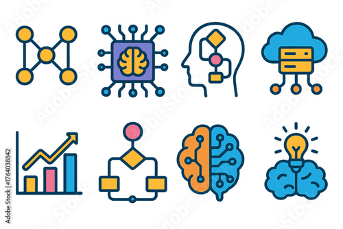 Cognitive Computing Network flat icons: neuron grid, AI circuit, learning algorithm, digital mind, cloud server, analytics graph, flow diagram, brain light. , , High resolution,