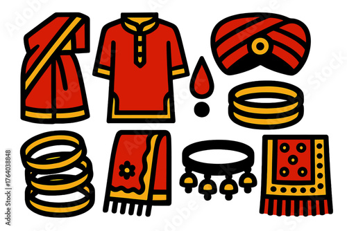 Diwali Festive Clothes silhouette set: sari, kurta, turban, bindi, gold bangles, embroidered dupatta, anklet, decorative shawl. , , High resolution, sharp vector-like appearance,