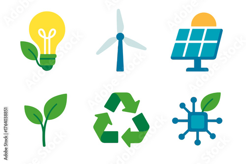 Green Innovation flat icons: eco lightbulb, wind energy, solar cell, growing leaf, recycle arrows, clean technology symbol. , , High resolution, sharp vector-like appearance, ideal