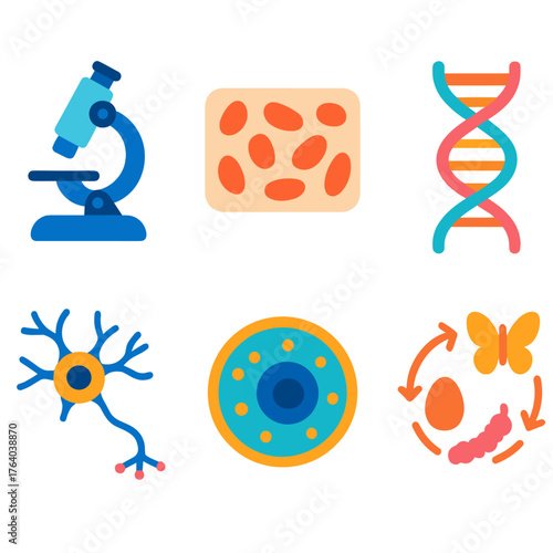 Biological Systems flat icons: microscope, tissue sample, DNA strand, neuron pathway, cell nucleus, life cycle. , , High resolution, sharp vector-like appearance, ideal for UI and