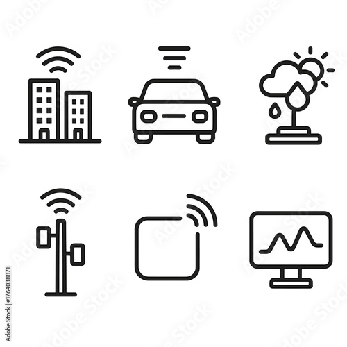 Urban Sensors outline icon set: city sensor network, traffic counter, weather module, connected pole, data signal, monitoring device. , , High resolution, sharp vector-like