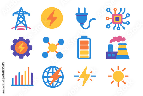Smart Power Systems flat icons: control tower, lightning, plug, circuit, gear, network nodes, battery, power plant, data lines, globe, spark, sun. , , High resolution, sharp vector