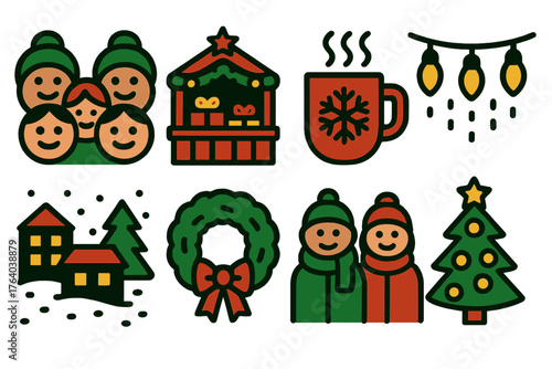 Christmas Market Outdoor Cheer silhouette set: smiling crowd, decorated stalls, steaming cocoa, string lights, snowy street, festive wreath, bundled shoppers, glowing tree. , ,