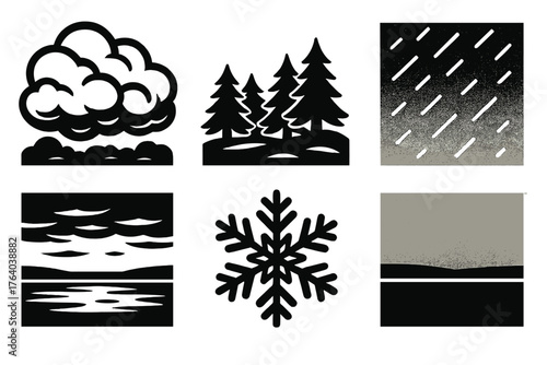 Winter Overcast Skies silhouette set: rolling clouds, distant forest, snow haze, still lake, frost crystals, grey horizon. , , High resolution, sharp vector-like appearance, ideal
