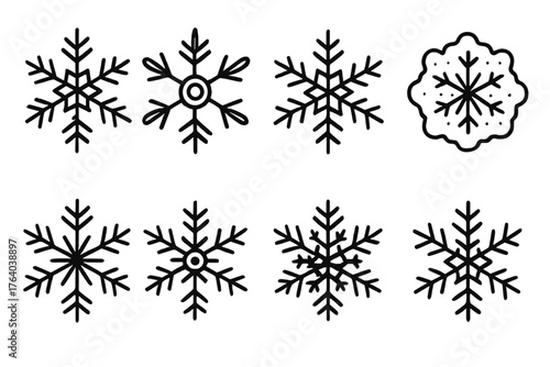 Winter Snowflakes outline icon set: detailed crystal, frozen flake, icy pattern, snow drift, glimmering frost, six-point flake, gentle fall, frozen shimmer. , , High resolution,