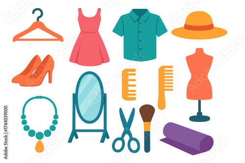 Fashion Styling Set flat icons: clothing hanger, dress, shirt, hat, shoes, mirror, comb, mannequin, necklace, scissors, makeup brush, fabric roll.