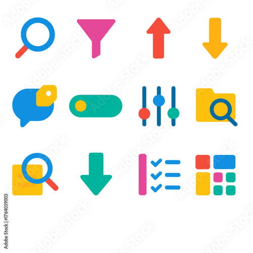 Search & Filter flat icons: search lens, filter icon, sort ascending, sort descending, tag bubble, input field, settings sliders, folder search, magnifying glass over document,
