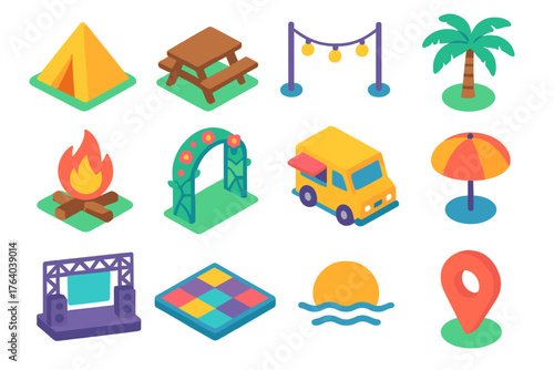 Outdoor Venue Icons flat isometric set: tent, picnic table, string lights, palm tree, bonfire, garden arch, food truck, umbrella, stage setup, dance floor, sunset, map pin.
