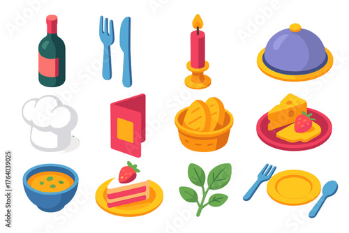 Gourmet Dining flat isometric set: wine bottle, fork and knife, candlelight, covered dish, chef hat, menu, bread basket, cheese plate, soup bowl, dessert plate, herbs, table