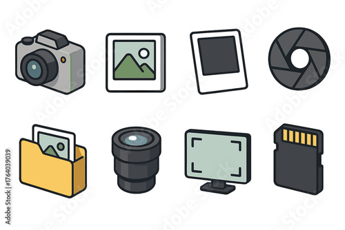 Snapshot basics set icons in modern isometric flat vector style: camera, photo frame, instant photo, shutter icon, folder with image, lens, capture screen, memory card.