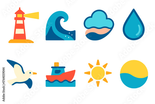 Coastal Mist flat icons: lighthouse, wave, cloud, droplet, gull, boat, sun, shore.