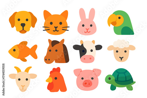 Breeds flat icons: dog head, cat face, rabbit, parrot, fish, horse, cow, sheep, goat, chicken, pig, turtle.