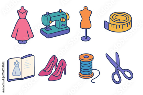 Haute Couture flat isometric set: gown, sewing machine, mannequin, measuring tape, sketchbook, heels, thread, scissors.