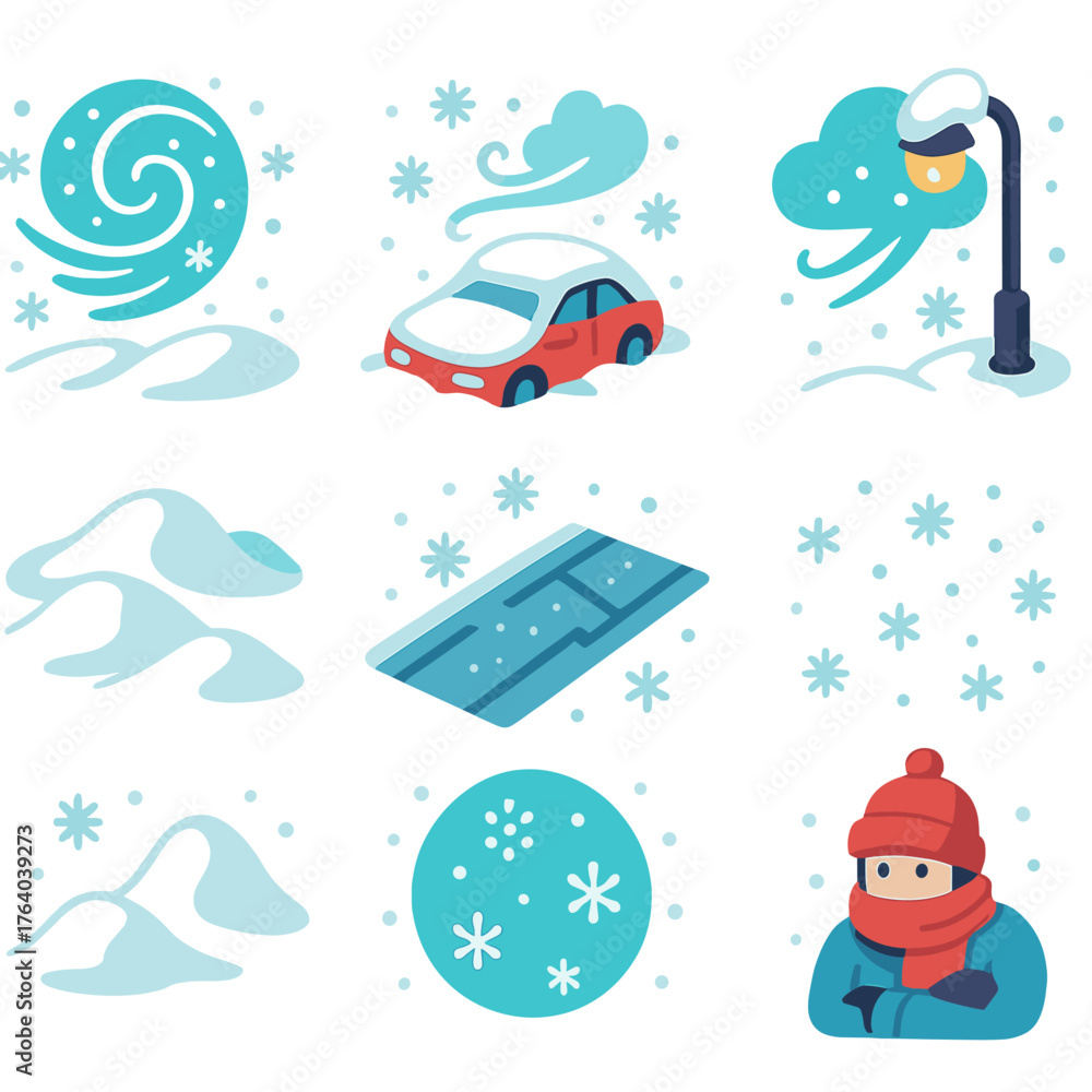 Heavy Snow Events flat isometric set: snowstorm, buried car, blowing wind, streetlight in snow, snowdrifts, frozen road, falling flakes, bundled figure.