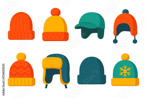 Winter Hats flat icons: wool hat, pom beanie, fleece cap, winter bonnet, patterned knit, fur hat, folded brim, snowflake beanie.