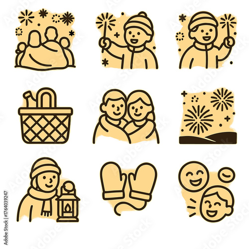 New Year’s Eve Fireworks Family — Warm Flat Icons outline icon set: family watching sky, kids holding sparklers, cozy blankets, picnic basket, smiling faces, cocoa mugs, fireworks