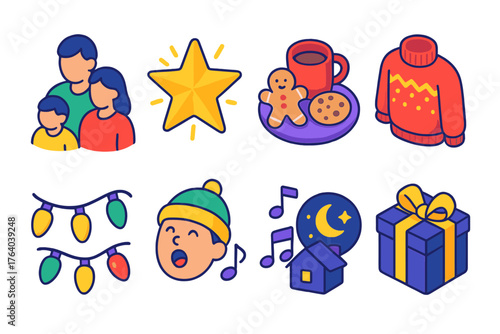 Holiday Mood flat isometric set: happy family, shining star, holiday treats, cozy sweater, bright lights, joyful song, gift box, peaceful night.