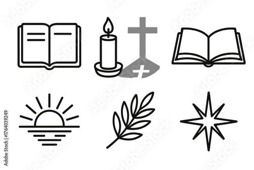 Advent Reflection outline icon set: journal, candlelight, cross shadow, calm water, open book, sunrise rays, olive branch, starburst.