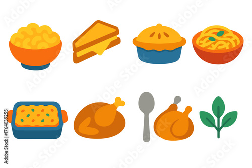 Comfort Foods Savory Favorites flat icons: mac and cheese bowl, grilled cheese sandwich, pot pie, pasta dish, casserole pan, roasted chicken, spoon, herb garnish.