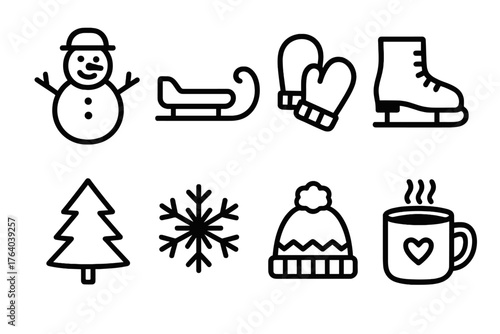 Winter Celebration Joy — Outdoor fun outline icon set: snowman, sled, mittens, ice skate, pine tree, snowflake, wool hat, cocoa mug.